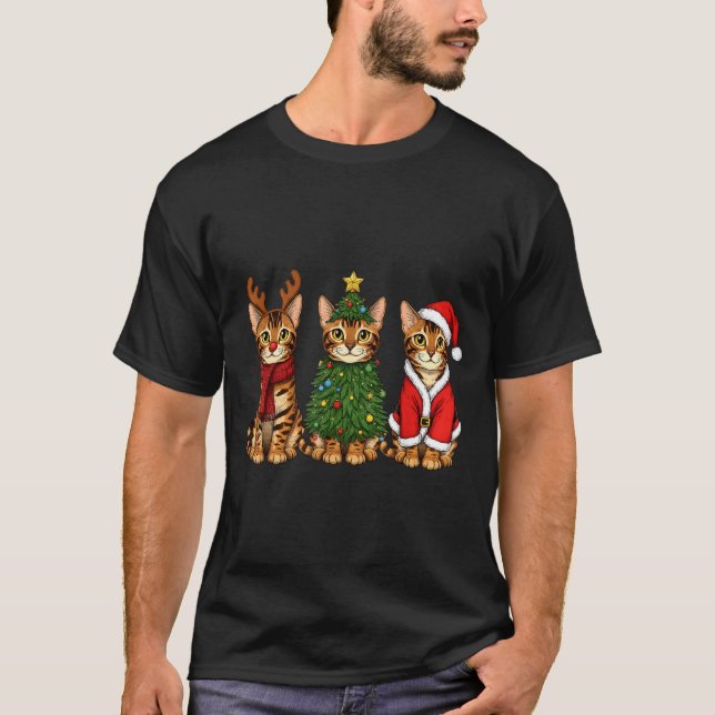 Retro Christmas Bengal Cat Santa Reindeer  T-Shirt (Front)