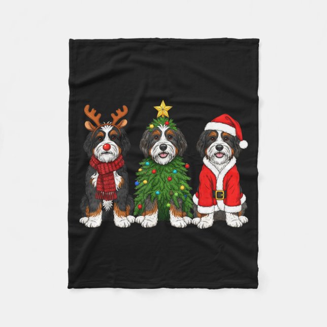 Retro Christmas Bernedoodle Santa Reindeer Dog Lov Fleece Blanket (Front)