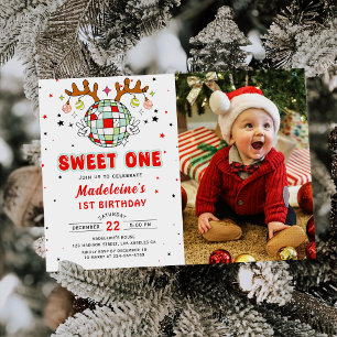 Retro Christmas Birthday Party Sweet One Photo Invitation