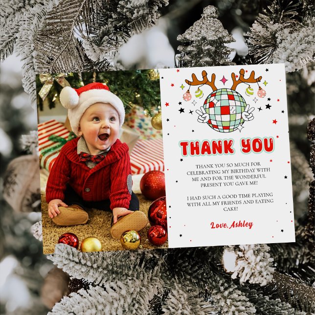 Retro Christmas Birthday Photo Thank You Card (Creator Uploaded)