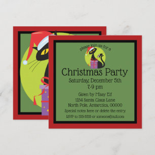 Retro Christmas Black Cat Black Mouse Invitation