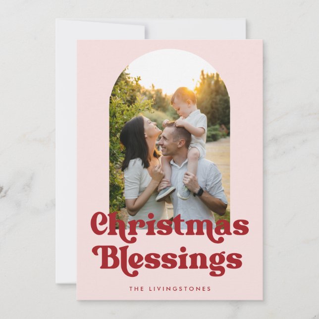 Retro Christmas Blessings Pink and Red Arch Photo  Holiday Card (Front)
