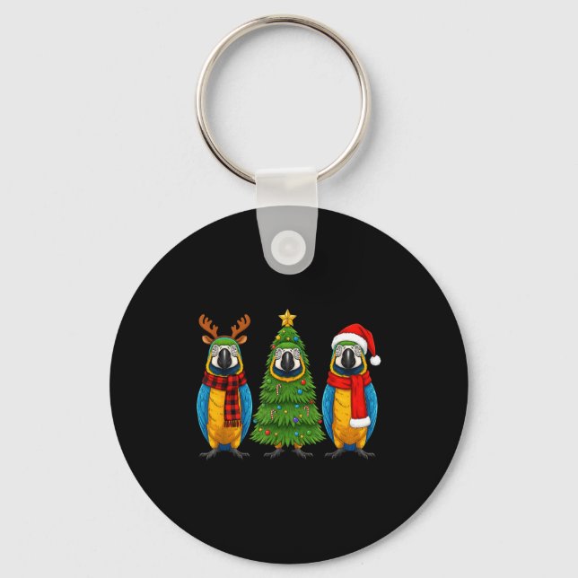 Retro Christmas Blue And Yellow Macaw Parrot Santa Key Ring (Front)