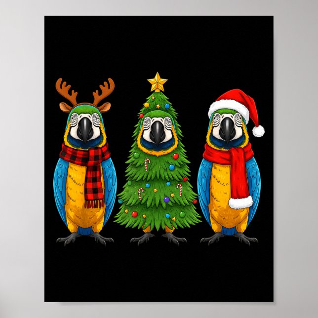 Retro Christmas Blue And Yellow Macaw Parrot Santa Poster (Front)