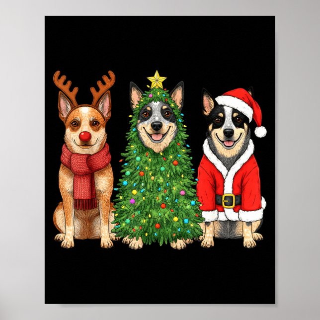 Retro Christmas Blue Heeler Santa Reindeer Dog Lov Poster (Front)