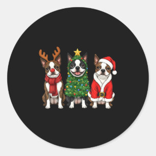 Retro Christmas Boston Terrier Santa Reindeer Dog  Classic Round Sticker