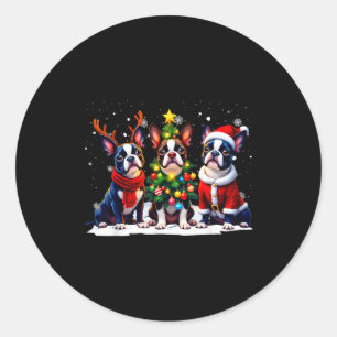 Retro Christmas Boston Terrier Santa Reindeer Dog Classic Round Sticker