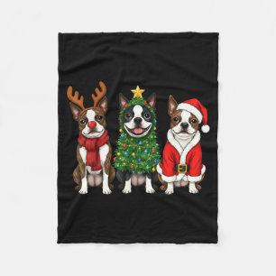 Retro Christmas Boston Terrier Santa Reindeer Dog  Fleece Blanket