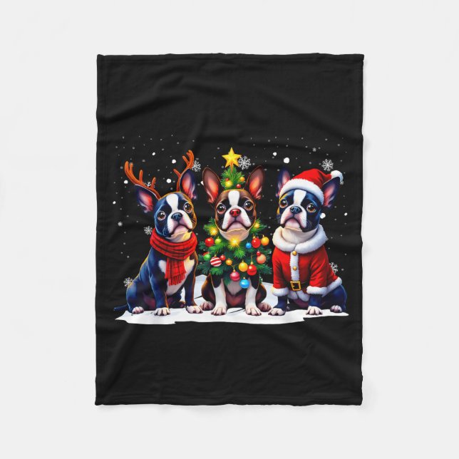 Retro Christmas Boston Terrier Santa Reindeer Dog  Fleece Blanket (Front)