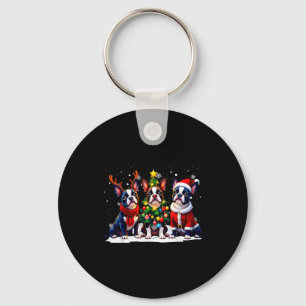 Retro Christmas Boston Terrier Santa Reindeer Dog Key Ring