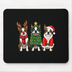 Retro Christmas Boston Terrier Santa Reindeer Dog Mouse Mat