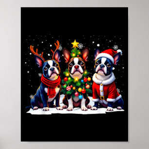 Retro Christmas Boston Terrier Santa Reindeer Dog Poster