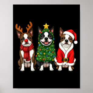 Retro Christmas Boston Terrier Santa Reindeer Dog Poster
