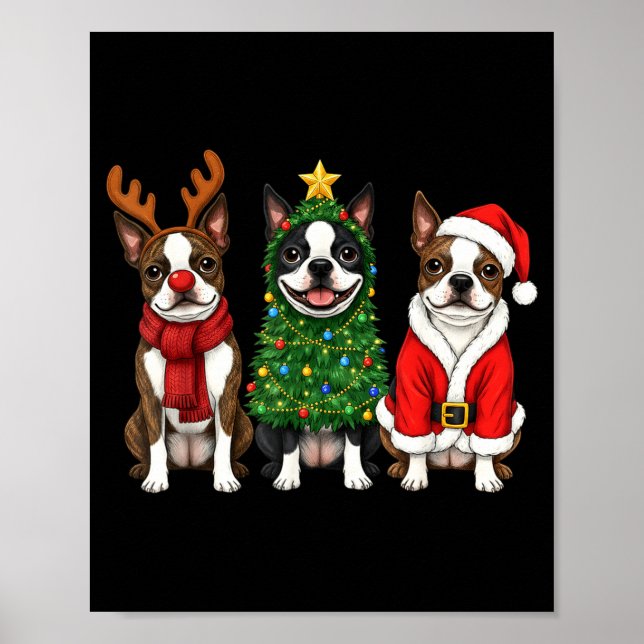 Retro Christmas Boston Terrier Santa Reindeer Dog  Poster (Front)