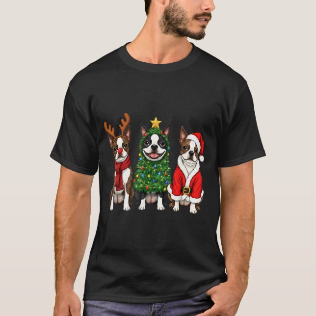 Retro Christmas Boston Terrier Santa Reindeer Dog  T-Shirt (Front)
