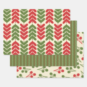 Retro Christmas Botanical Patterns Wrapping Paper Sheet