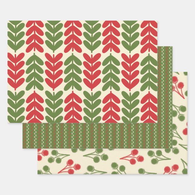 Retro Christmas Botanical Patterns Wrapping Paper Sheet (Set)