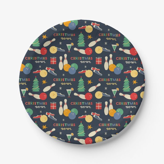 Retro Christmas Bowling Pattern Paper Plate (Front)
