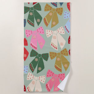 Retro Christmas Bows Coquette Beach Towel