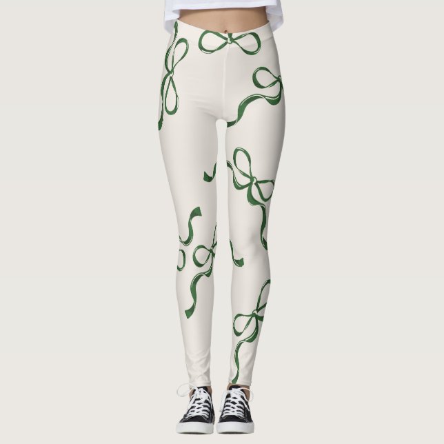 Retro Christmas Bows Holiday Classic Green Leggings (Front)