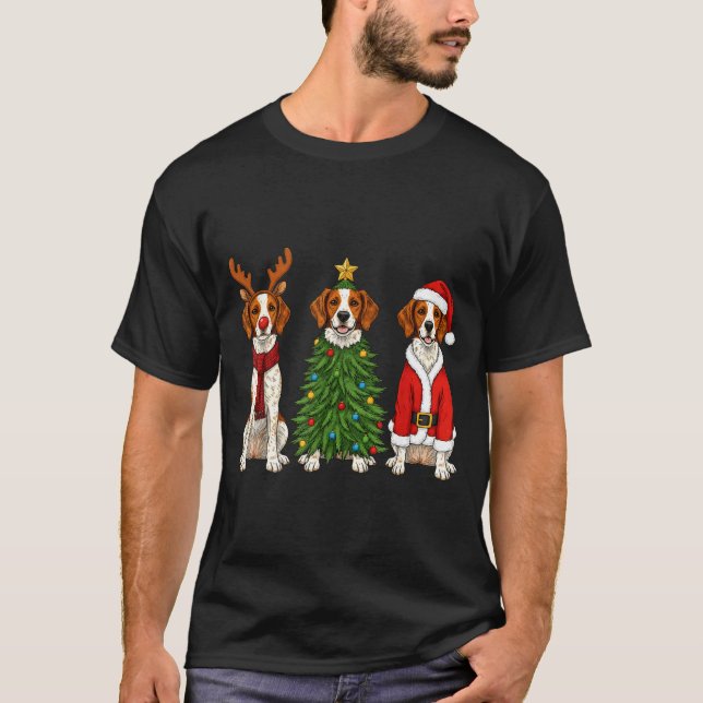 Retro Christmas Brittany Spaniel Santa Reindeer Do T-Shirt (Front)