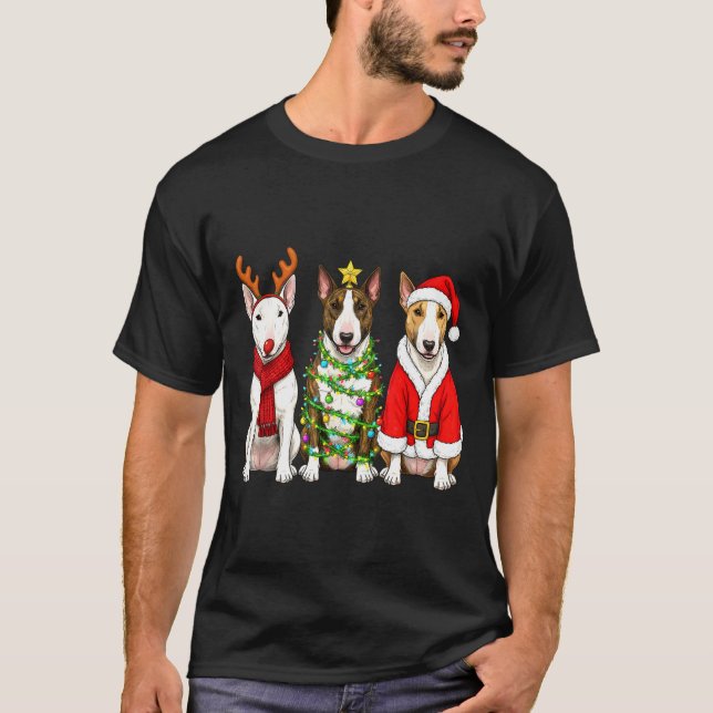 Retro Christmas Bull Terrier Santa Reindeer Dog Lo T-Shirt (Front)