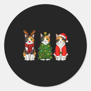 Retro Christmas Calico Cat Santa Reindeer  Classic Round Sticker