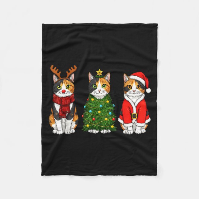 Retro Christmas Calico Cat Santa Reindeer  Fleece Blanket (Front)