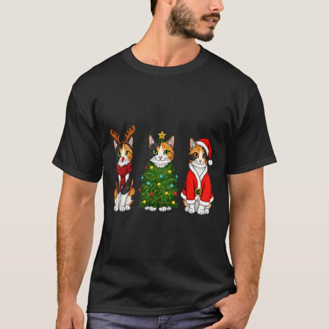 Retro Christmas Calico Cat Santa Reindeer  T-Shirt (Front)
