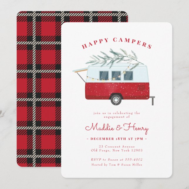 Retro Christmas Camper Red Engagement Party Invitation (Front/Back)