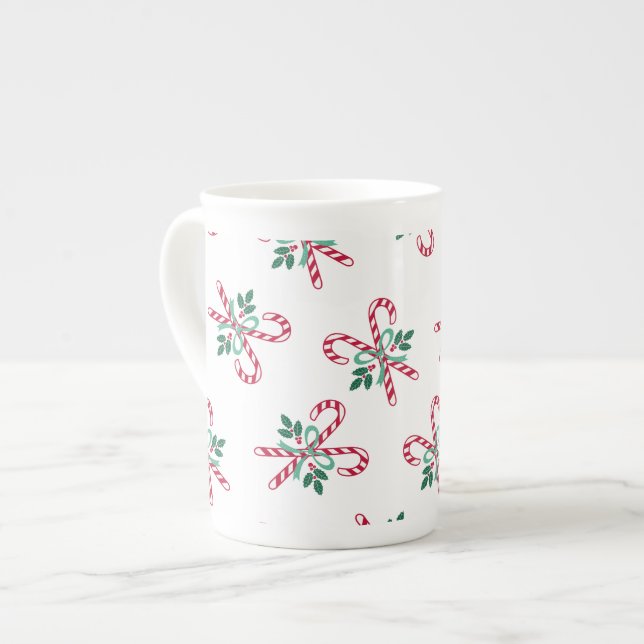 retro christmas candy cane bone china mug (Front Left)