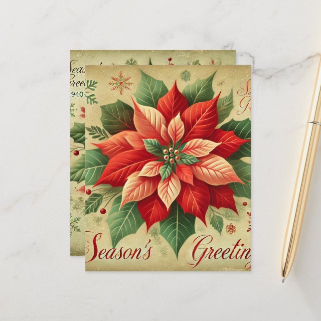 Retro Christmas Card Poinsettia Scrapbook Paper (Front/Back In Situ)