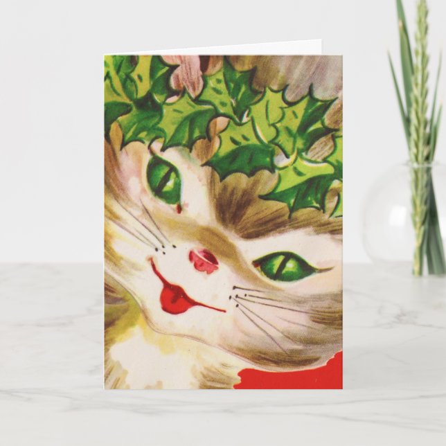Retro Christmas Cat Christmas Card (Front)