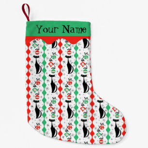 Retro Christmas Cat Multi Name 2-sided Small Christmas Stocking