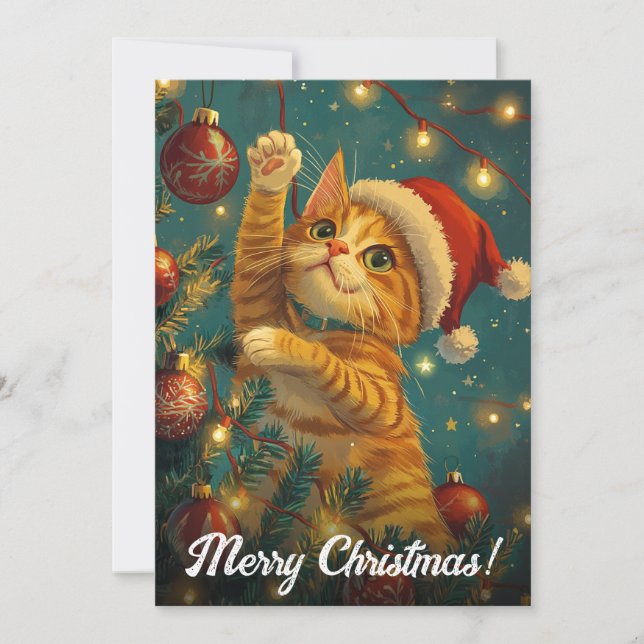 Retro Christmas Cat Tree Custom Text  Holiday Card (Front)