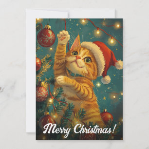 Retro Christmas Cat Tree Custom Text Holiday Card