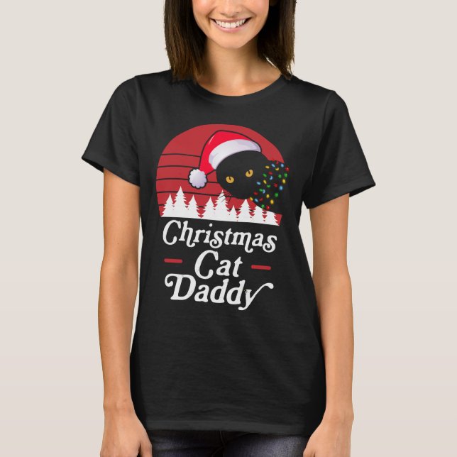 Retro Christmas Cat with Christmas Necklace Lights T-Shirt (Front)