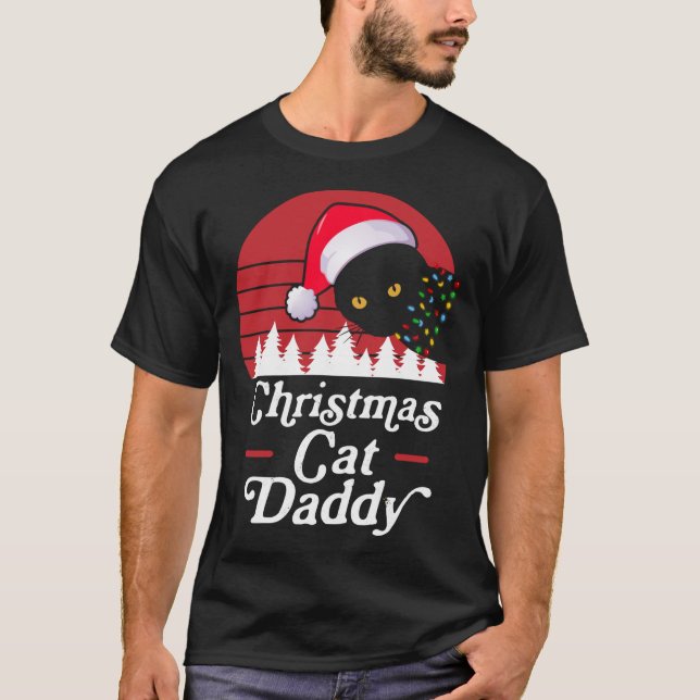 Retro Christmas Cat with Christmas Necklace Lights T-Shirt (Front)