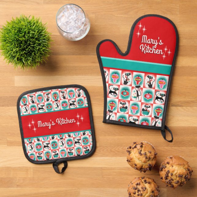 Retro Christmas Cats - Customisable  Oven Mitt & Pot Holder Set (Top Down)