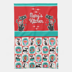 Retro Christmas Cats - Customisable  Tea Towel