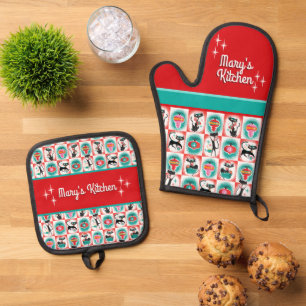 Retro Christmas Cats - Customizable Oven Mitt & Pot Holder Set