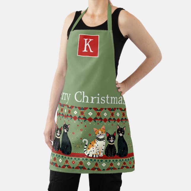 Retro Christmas cats monogram Apron (Insitu)