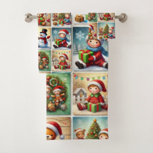 Retro Christmas Collage Bath Towel Set
