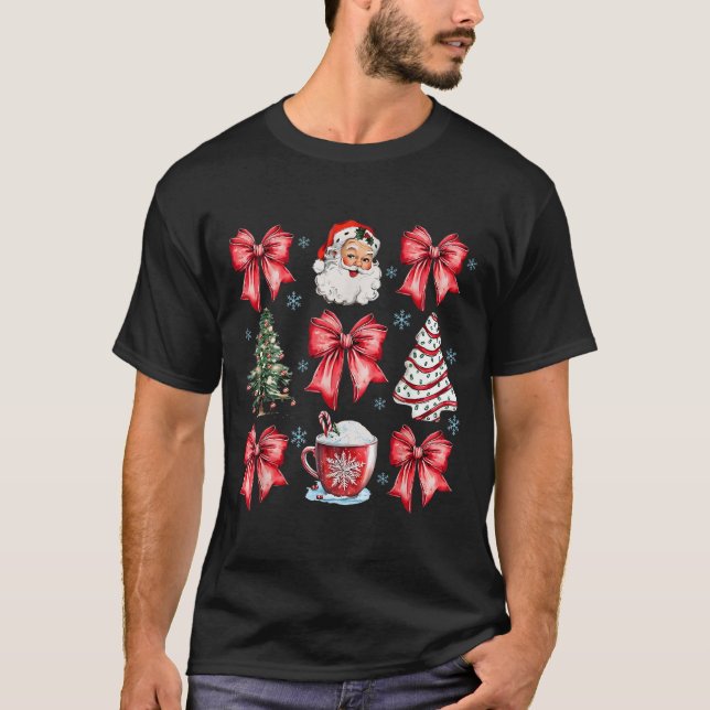 Retro Christmas Coquette Bow Santa Coffee Cake Hol T-Shirt (Front)