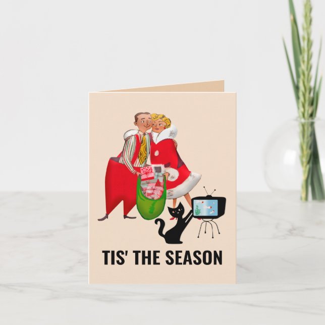 RETRO CHRISTMAS COUPLE & CAT GREETING CARD (Front)