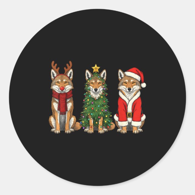 Retro Christmas Coyote Santa Reindeer  Classic Round Sticker (Front)