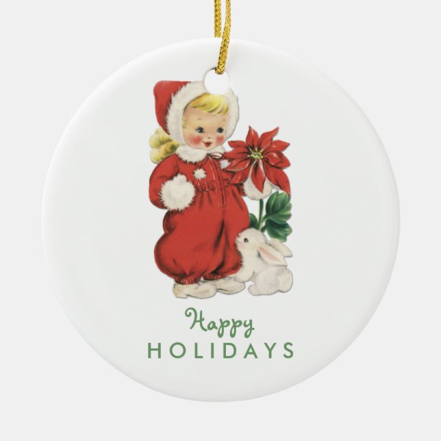 Retro Christmas Cute Girl Red Poinsettia Photo Ceramic Tree Decoration (Front)