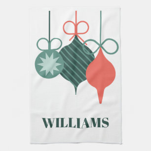 Retro Christmas Cute Vintage Colourful Ornaments Tea Towel