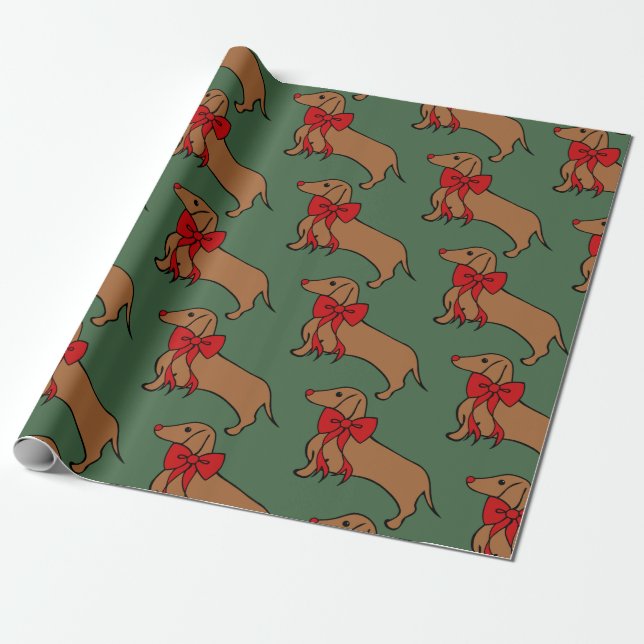 Retro Christmas Dachshund Wrapping Paper (Unrolled)