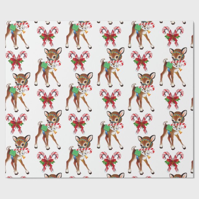 Retro Christmas Deer and Candy Canes Wrapping Paper (Flat)